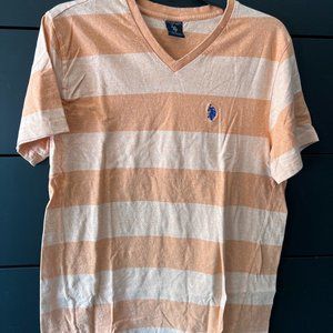 Men's US Polo Association Orange Striped V-Neck T-Shirt Used Large